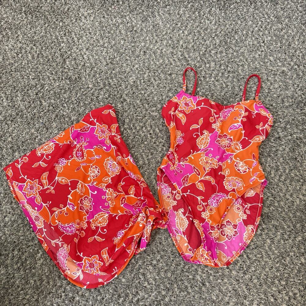 VTG Victoria's Secret One Piece Swimsuit Floral Plus Wrap Size 36C Red Pink - Picture 5 of 5